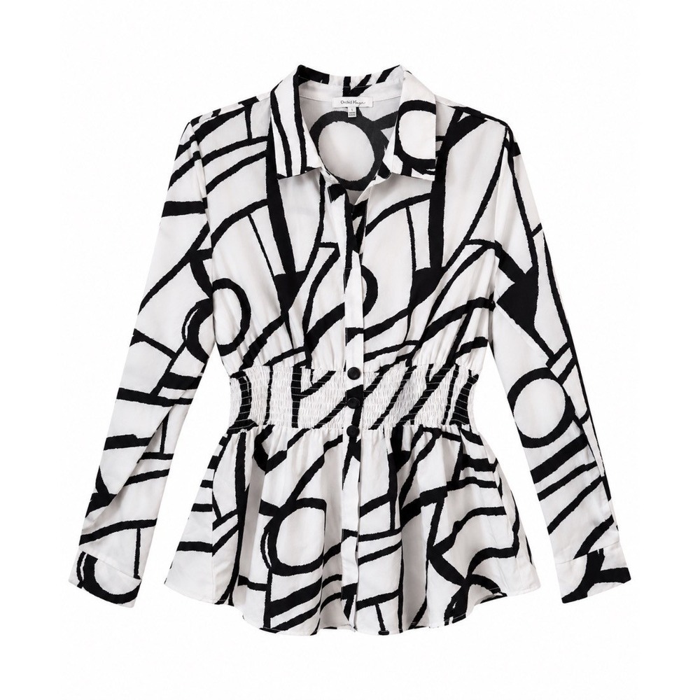 Orchid Haze Womens Blouse Black White Abstract Print Smocked Waist Peplum L